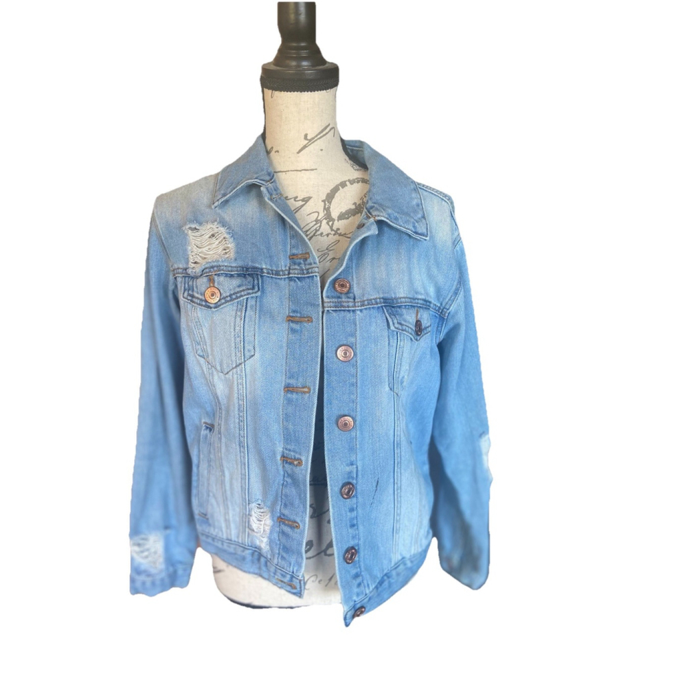 Forever 21 Blue Denim Pink Orange Floral Embroidered Distressed Jean Jacket sz S